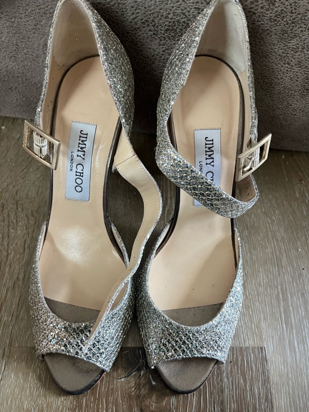 Jimmy Choo Silver Glitter Peep-Toe Slingback Heels